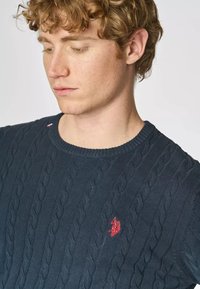 Maglione blu navy a punto treccia con scollatura a girocollo. Presenta cavi testurizzati e un piccolo logo rosso sul lato sinistro del petto. Materiale in maglia morbido.