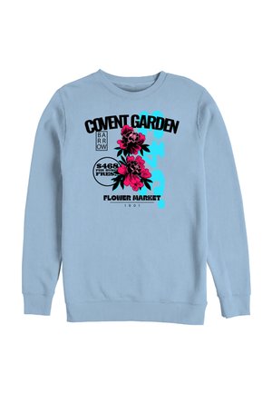 Lyseblå sweatshirt med fed sort tekst "Covent Garden" og "Flower Market," med lyserøde blomster og grafiske elementer i sort og blå.