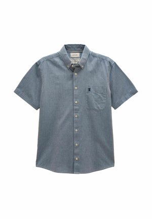 Svetlomodrá košeľa s krátkymi rukávmi na gombíky, s gombíkovým golierom a náprsným vreckom s malým modrým vyšitým logom.