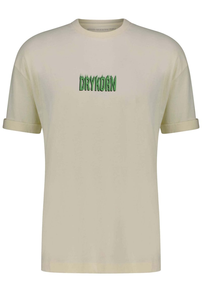 Short-sleeve beige t-shirt made of cotton, featuring a green logo "DRYKORN" in stylized lettering centered on the chest.