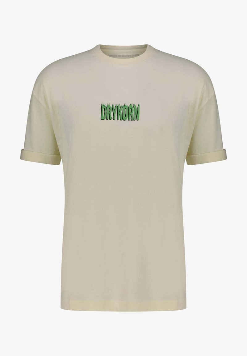 Short-sleeve beige t-shirt made of cotton, featuring a green logo "DRYKORN" in stylized lettering centered on the chest.