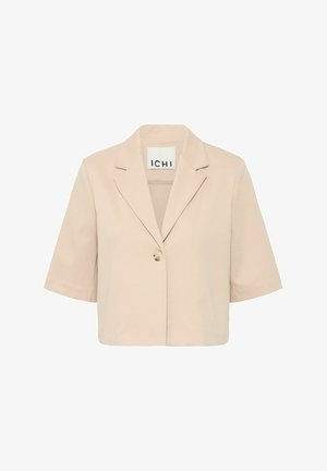 Lühem beez blazer lühikeste varrukatega, ühe kuldse nupuga kinnitamine, paigaldatud krae ja sile kangatekstuur. Brändingu märkamine sees.