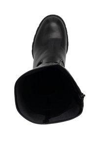 Bota de cuero negro con punta redonda y textura suave. El interior cuenta con un forro suave. Cremallera lateral para un acceso fácil.