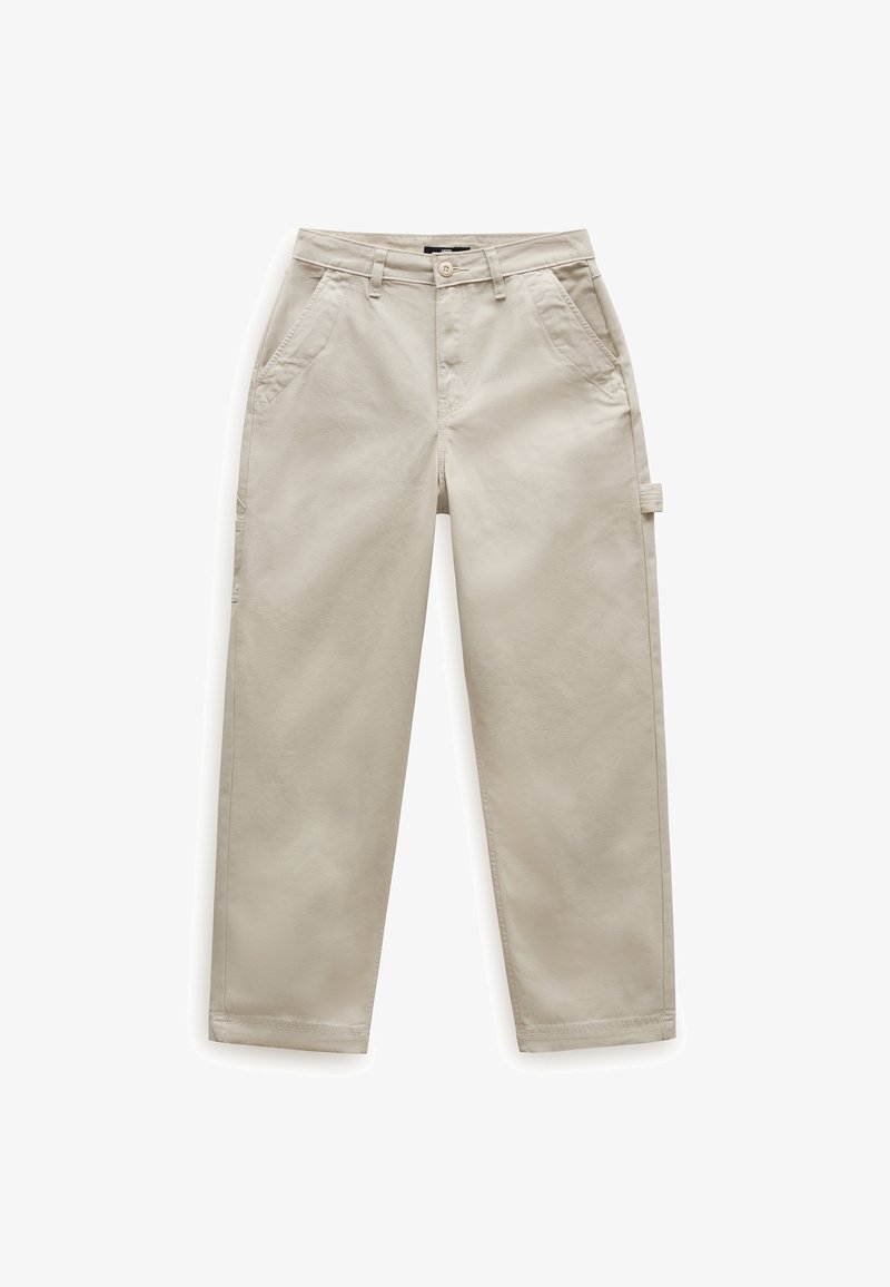 Pantalon beige en coton avec une coupe droite. Comprend deux poches avant et une poche utilitaire latérale. Texture lisse avec une couture subtile.