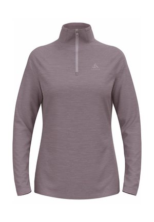 Light purple pullover with zip collar, long sleeves, and textured fabric. Features a subtle logo on the chest and a relaxed fit.
