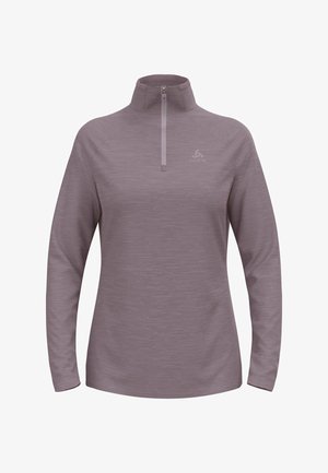 Light purple pullover with zip collar, long sleeves, and textured fabric. Features a subtle logo on the chest and a relaxed fit.