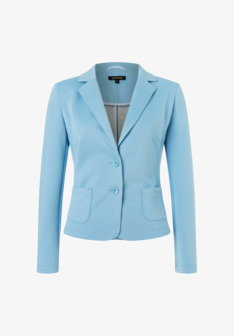 Light blue blazer with a textured fabric, single breasted design, two front pockets, and notched lapels. Features two buttons at the front.