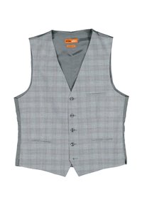 Grau karierte Weste mit V-Ausschnitt, ausgestattet mit sechs Knöpfen, zwei Fronttaschen und einem glatten Innenfutter. Klare Linien und maßgeschneiderte Passform.