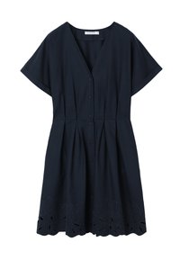 Robe bleu marine à manches courtes avec boutons devant, col en V, plis à la taille et broderie florale découpée le long de l'ourlet.