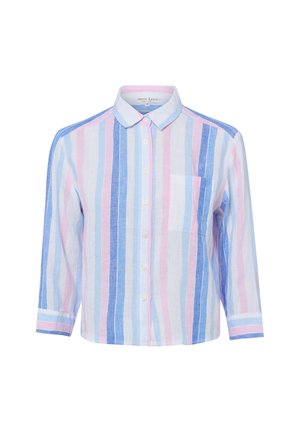Overhemd met knopen en verticale strepen in blauw, roze en wit, met een borstzak en lange mouwen.
