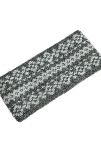 Szary i biały dywan w wzory, prostokątny kształt, teksturowany materiał przypominający wełnę z powtarzającym się wzorem motywów florystycznych i geometrycznych.