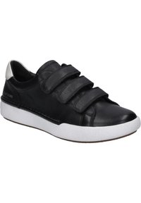 Sneaker in pelle nera con tre fasce in velcro, suola in gomma bianca, punta arrotondata e intersuola testurizzata. Design semplice, senza motivi visibili.
