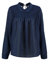 Blusa a maniche lunghe blu navy con colletto, corpino arricciato e tessuto fluido; presenta un nastro sul retro per una vestibilità regolabile.