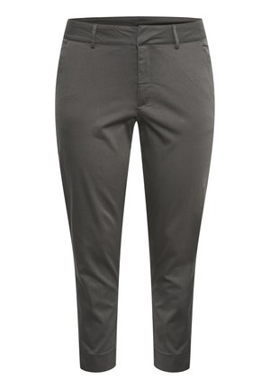 Gray tailored trousers with a straight cut, two front pockets, and smooth fabric texture. Features a button and zipper closure.