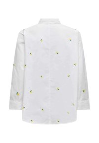 White shirt with long sleeves, featuring yellow and green lemon embroidery, classic collar, and slightly rounded hem.