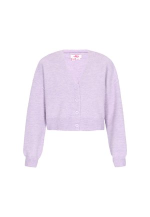 Lavendel geschnittene Strickjacke aus weichem Strickstoff, mit tiefem V-Ausschnitt, fünf Knöpfen auf der Vorderseite sowie gerippten Bündchen und Saum.