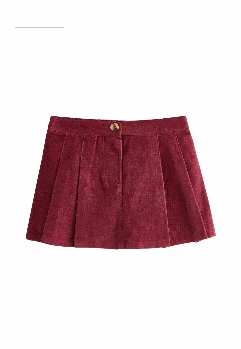 Faldă din catifea bordeaux cu un design pliat, având o închidere cu nasturi în față și două buzunare laterale. Textură netedă și detalii de cusătură la brâu.
