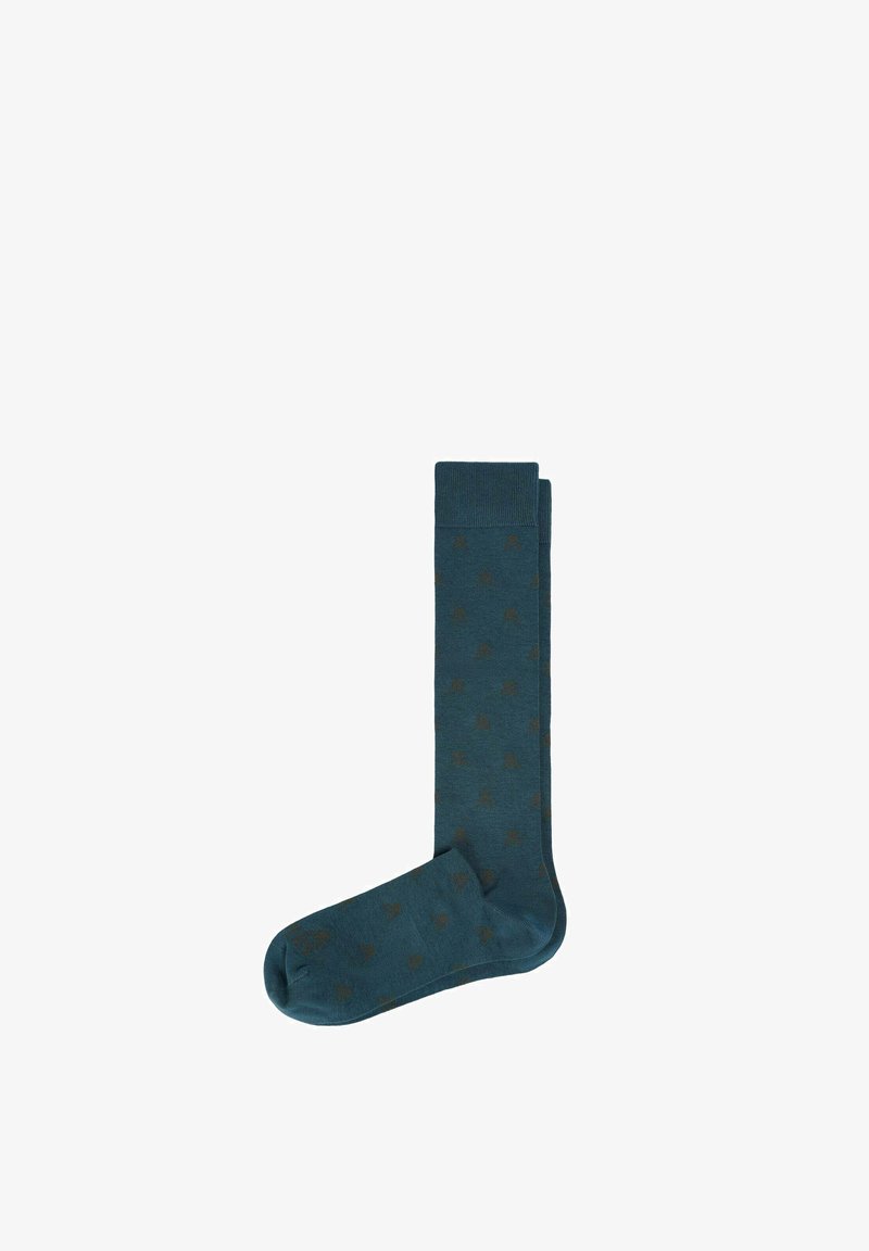 Chaussettes teal montantes jusqu'au genou avec un poignet côtelé, arborant de petits motifs marron. Fabriquées à partir d'un tissu doux et flexible.