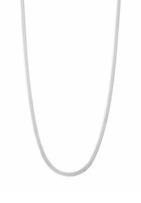 Biała, gładka metalowa naszyjnik o cienkim, zakrzywionym kształcie; charakteryzuje się minimalistycznym wyglądem i brakiem widocznych zapięć lub wzorów.