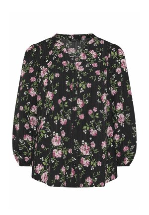 Schwarze Bluse mit rosa-weißem Blumenmuster, langen Puffärmeln, V-Ausschnitt und Knöpfen vorne.