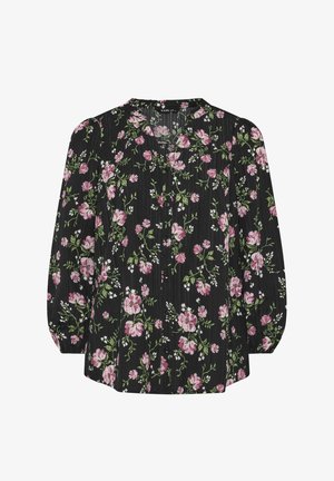 Blusa nera con motivo floreale rosa e bianco, maniche lunghe a sbuffo, scollo a V e bottoni frontali.
