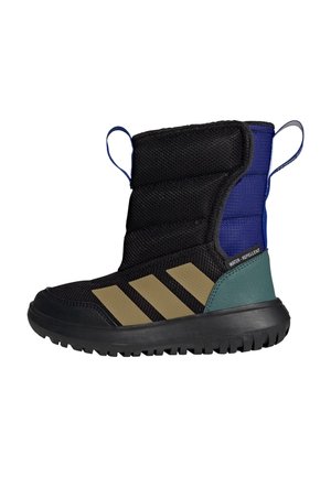 Black and blue padded winter boot with a textured upper, green accents, and three brown stripes on the side. Equipped with a rubber sole.