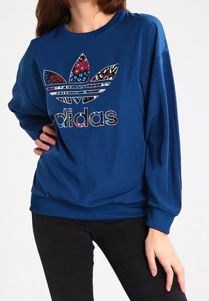 Woman wearing a blue Adidas sweatshirt with a floral and animal print logo, paired with black pants, hand on hip.