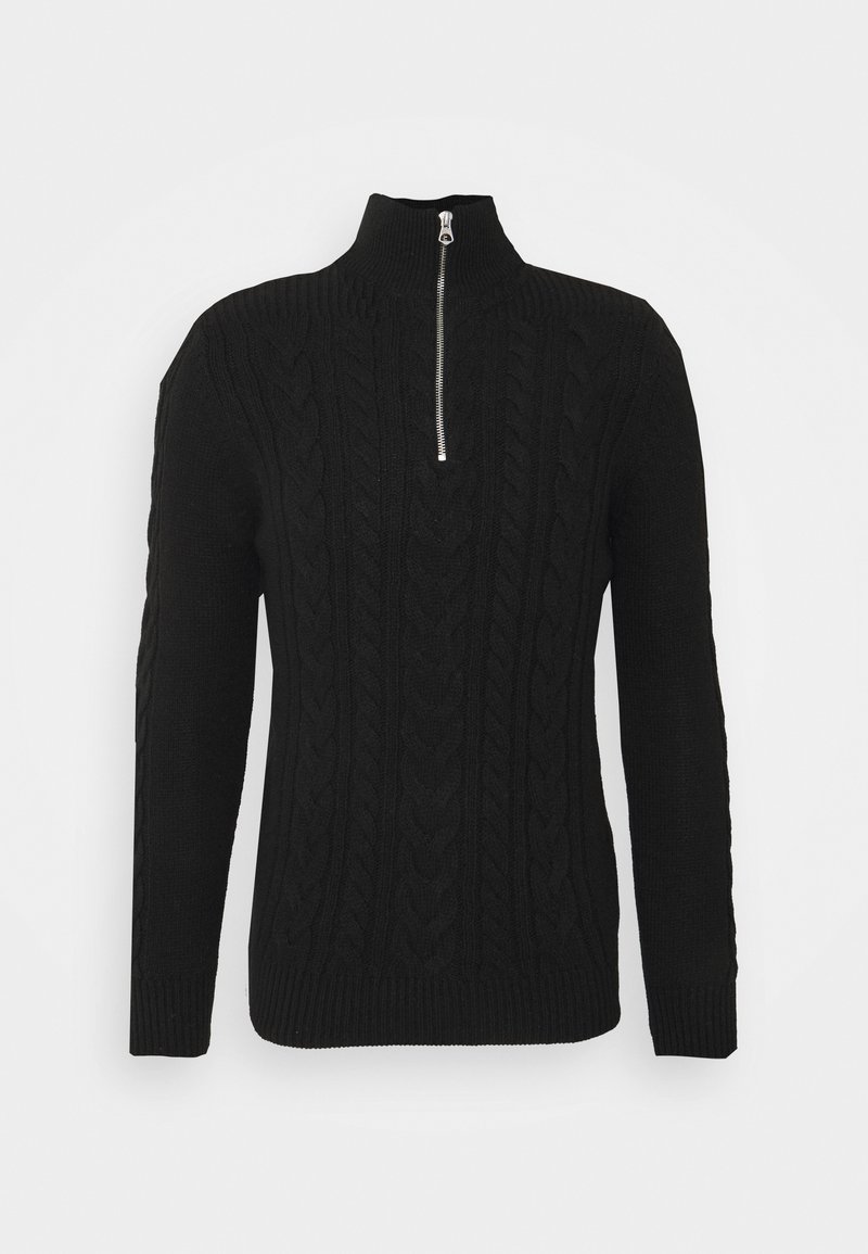 Czarny sweter z dzianiny z wysokim kołnierzem i pół zamkiem. Posiada teksturowane wzory w warkocze z przodu oraz ściągacze na mankietach i u dołu.