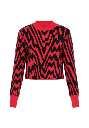 Pulover scurt roșu și negru cu un model în zigzag unduitor, având un guler și mansete ribhetate, realizat dintr-un material tricotat moale și texturat.