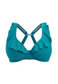 Teal padded bikini top with ruffled edges, wide straps, and a cross-back design. Features clasp closure for secure fit. Smooth fabric texture.