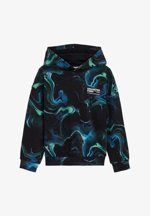 Črna kapa s kapuco z vrtinčastim vzorcem zelenega in modrega marmorja. Ima sprednji žep in bel grafični napis na prsih. Mehka tkanina.