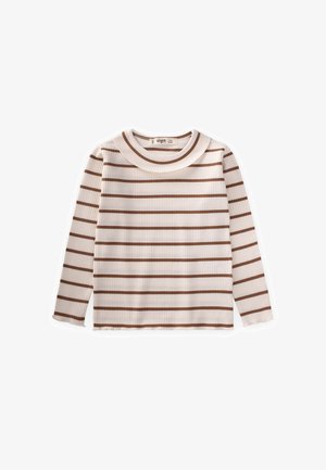 Langärmliges, geripptes Oberteil in Creme mit braunen horizontalen Streifen, das einen weiten, abgerundeten Ausschnitt und eine lockere Passform bietet.