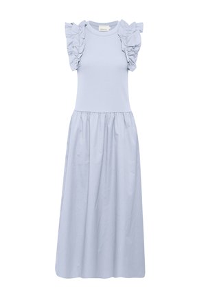 Šviesiai mėlyna medvilninė suknelė su raukiniais trumpomis rankovėmis, prigludusia liemene ir sklandžiu, susiraukšlėjusiu sijonu. Lygus paviršius be matomų raštų.