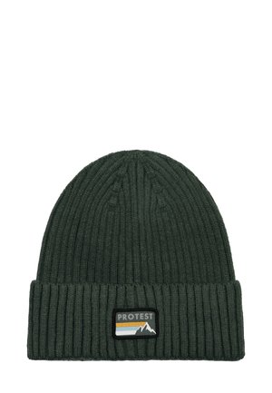 Dark green ribbed knit beanie with a folded cuff and a rectangular patch featuring mountains and stripes in white, blue, and orange.