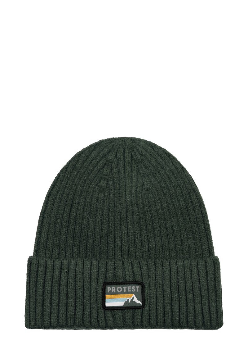 Tmavě zelená hřejivá čepice s žebrovaným vzorem a ohnutým lemem, na němž je obdélníková nášivka s horami a pruhy v bílé, modré a oranžové barvě.