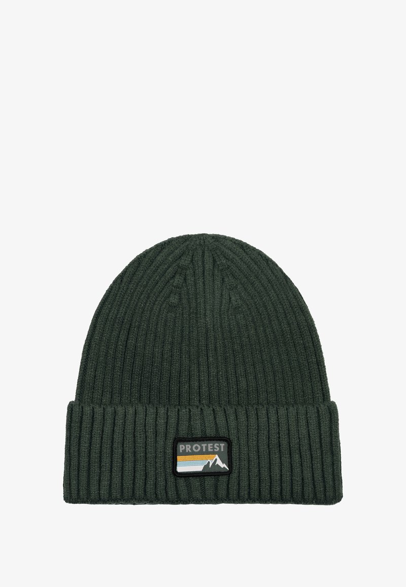 Tmavě zelená hřejivá čepice s žebrovaným vzorem a ohnutým lemem, na němž je obdélníková nášivka s horami a pruhy v bílé, modré a oranžové barvě.