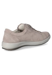 Gray suede sneaker with a rounded toe, lace-up closure, padded collar, and a flexible light gray rubber sole with textured traction.