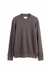 Brown, textured sweater with a round neckline and long sleeves. Features a diamond knit pattern and ribbed cuffs and hem.