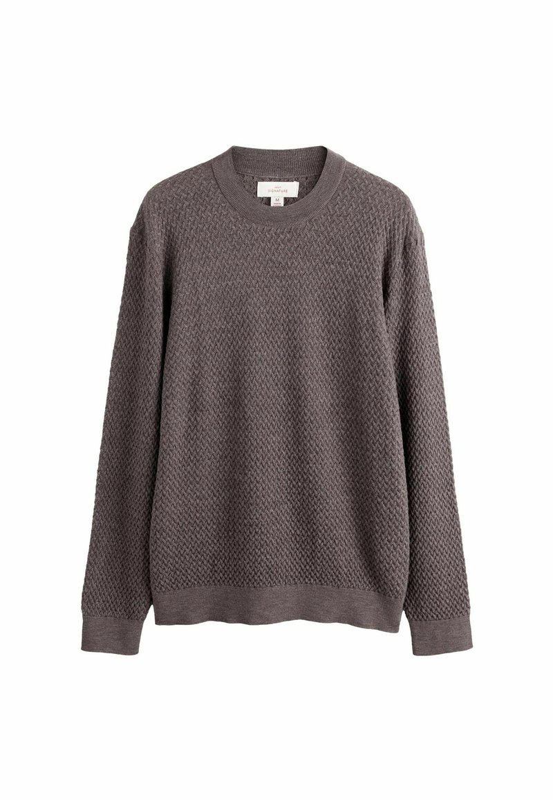 Brown, textured sweater with a round neckline and long sleeves. Features a diamond knit pattern and ribbed cuffs and hem.