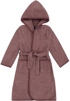 Kapuzener Bademantel in Mauve mit langen Ärmeln, Gürtel, zwei vorderen Taschen und weichem Frotteestoff.