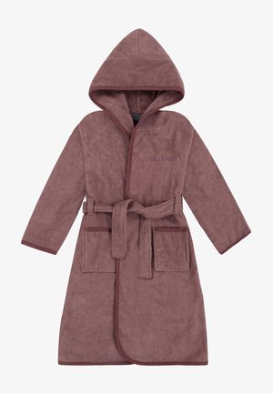 Hooded, long-sleeve mauve bathrobe with belt, two front pockets, and soft terry cloth fabric.