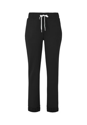 Schwarze Sweatpants aus weichem Stoff, mit einer weißen Kordel, elastischem Bund und gerafften Bündchen an den Knöcheln.