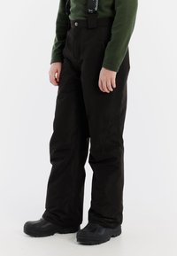 Zwarte sneeuwbroeken met een tekstuurafwerking, uitgerust met verstelbare bretels, zijzakken en een knoopsluiting op de taille.