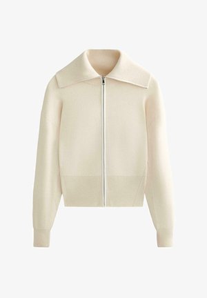 Džemper krem boje na patentni zatvarač s velikim ovratnikom, rebrastim manšetama i rubom te glatkom teksturom. Ima središnji patent s kontrastnim obrubom.