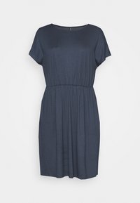 Dunkelblaues, kurzärmliges Kleid mit Rundhalsausschnitt, elastischem Bund und lockerer Passform. Hergestellt aus weichem, dehnbarem Stoff.