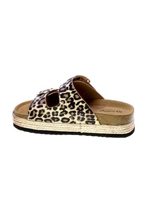 Sandalo slip-on con cinturini leopardati, fibbie dorate, suola platform intrecciata e sottopiede imbottito.