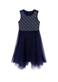 Navy blue dress with sleeveless design, featuring a textured bodice and a layered tulle skirt. Back zipper closure with rounded neckline.
