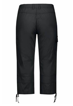 Zwarte cargobroek met een lengte tot halverwege het kuit, elastische tailleband en koordjes aan de zoom, voorzien van zijzakken en een gladde textuur.