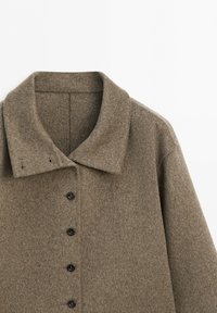 Brown wool coat with wide collar and four visible black buttons down the front, displayed on a white background.