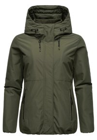 Giacca leggera verde oliva con chiusura a zip, cappuccio regolabile e due tasche laterali con zip. Tessuto testurizzato con polsini elasticizzati.